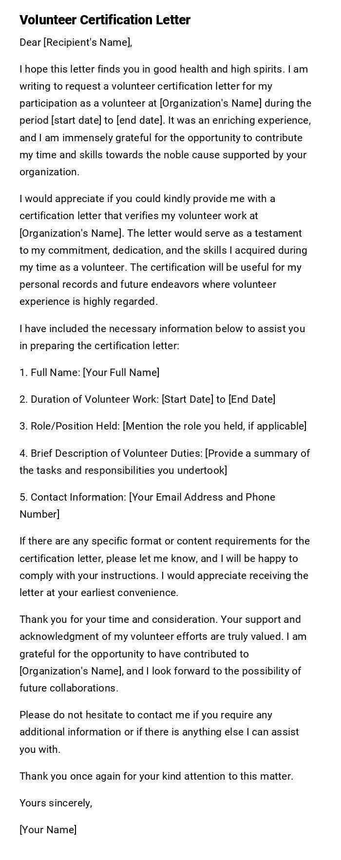 Volunteer Certification Letter