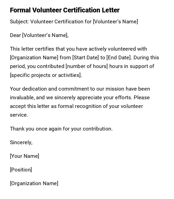 Formal Volunteer Certification Letter Formal Volunteer Certification Letter