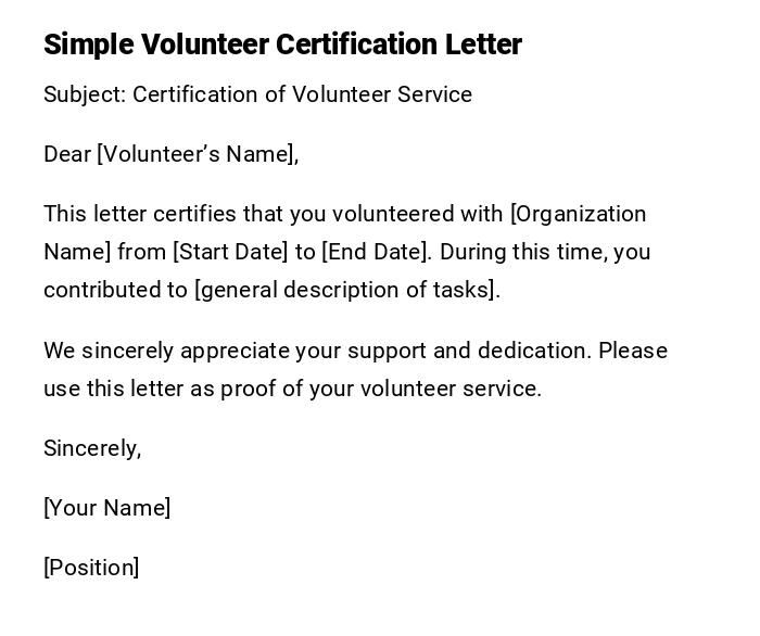 Simple Volunteer Certification Letter Simple Volunteer Certification Letter