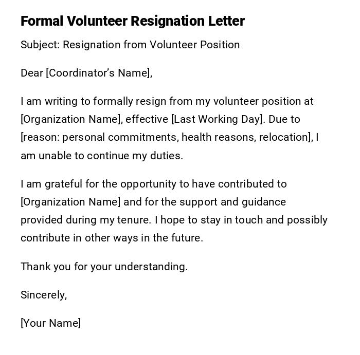 Formal Volunteer Resignation Letter