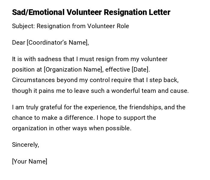 Sad/Emotional Volunteer Resignation Letter
