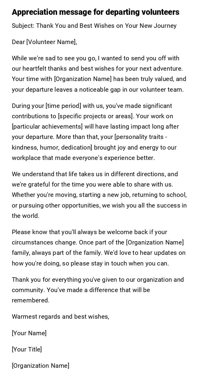 Appreciation message for departing volunteers Appreciation message for departing volunteers