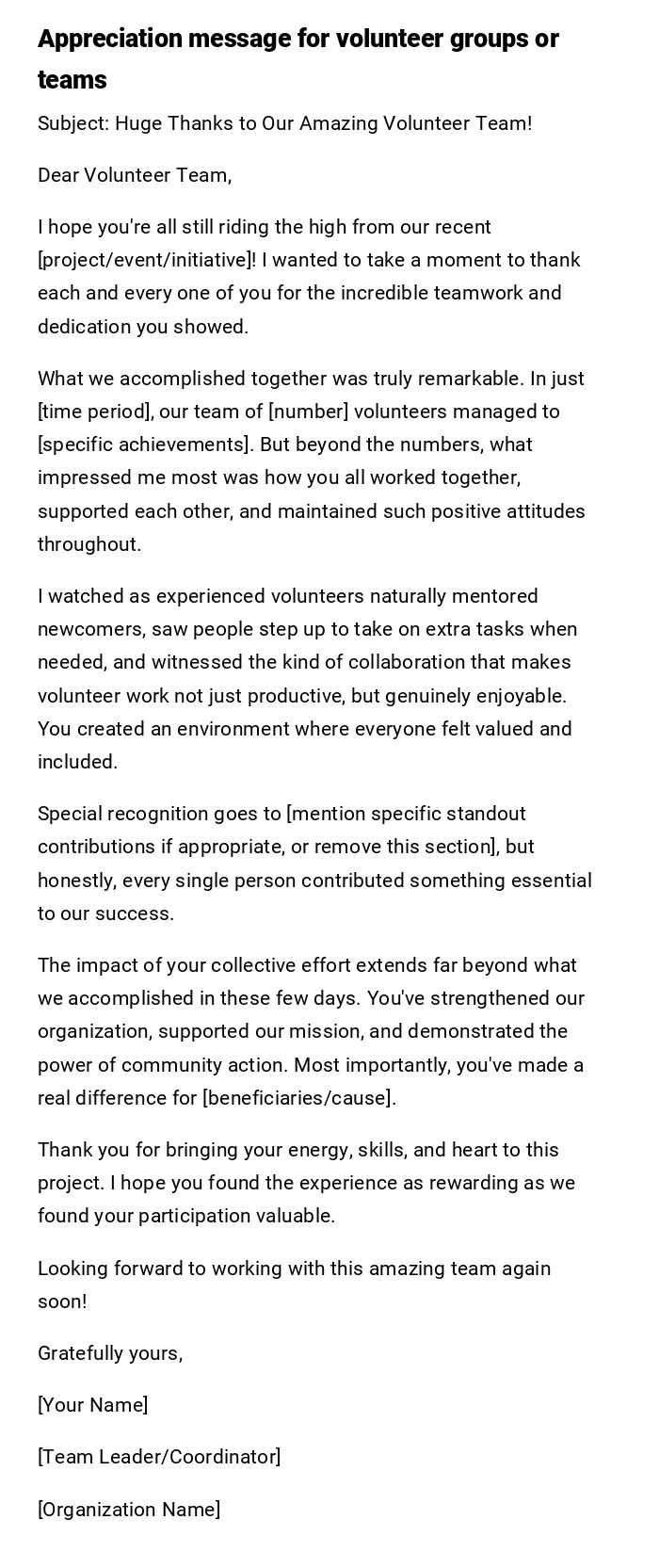 Appreciation message for volunteer groups or teams Appreciation message for volunteer groups or teams