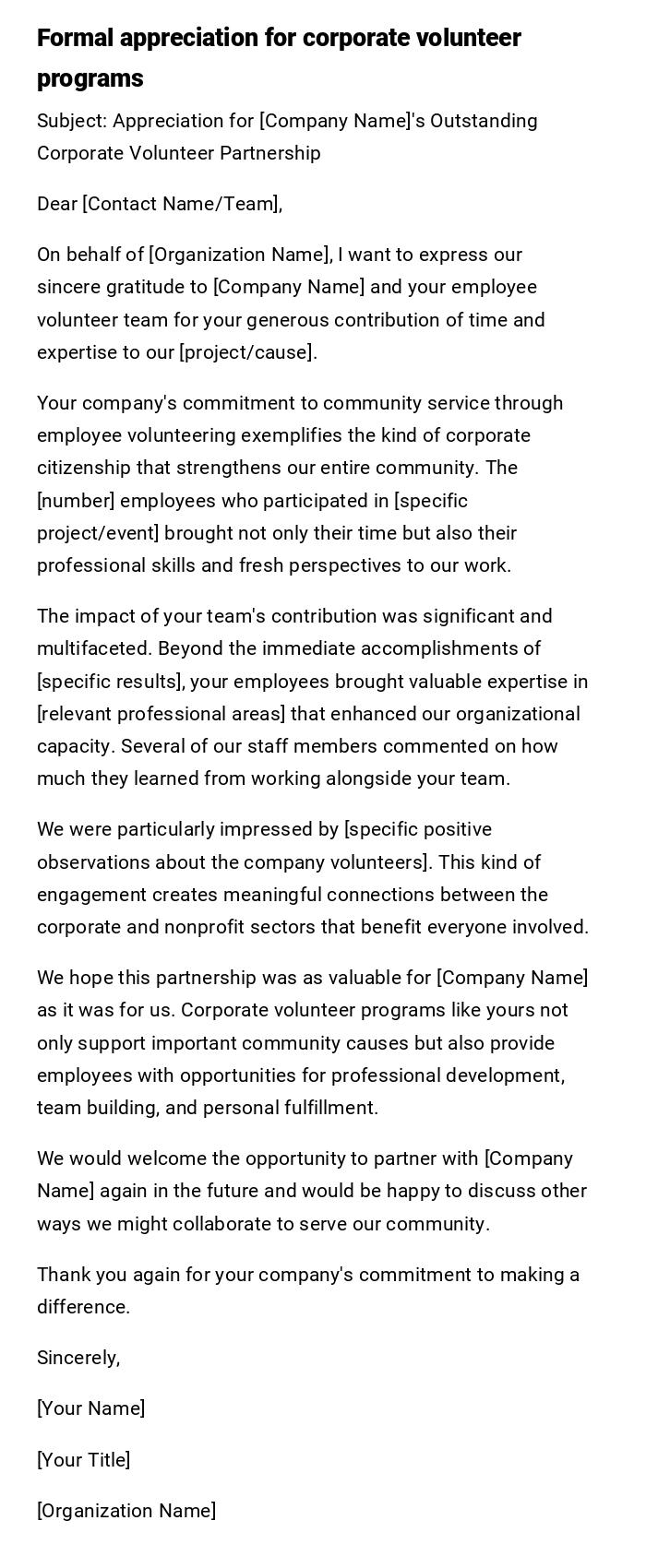 Formal appreciation for corporate volunteer programs Formal appreciation for corporate volunteer programs