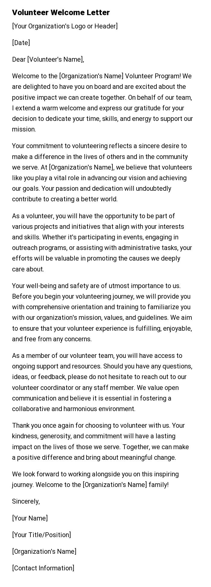 Volunteer Welcome Letter