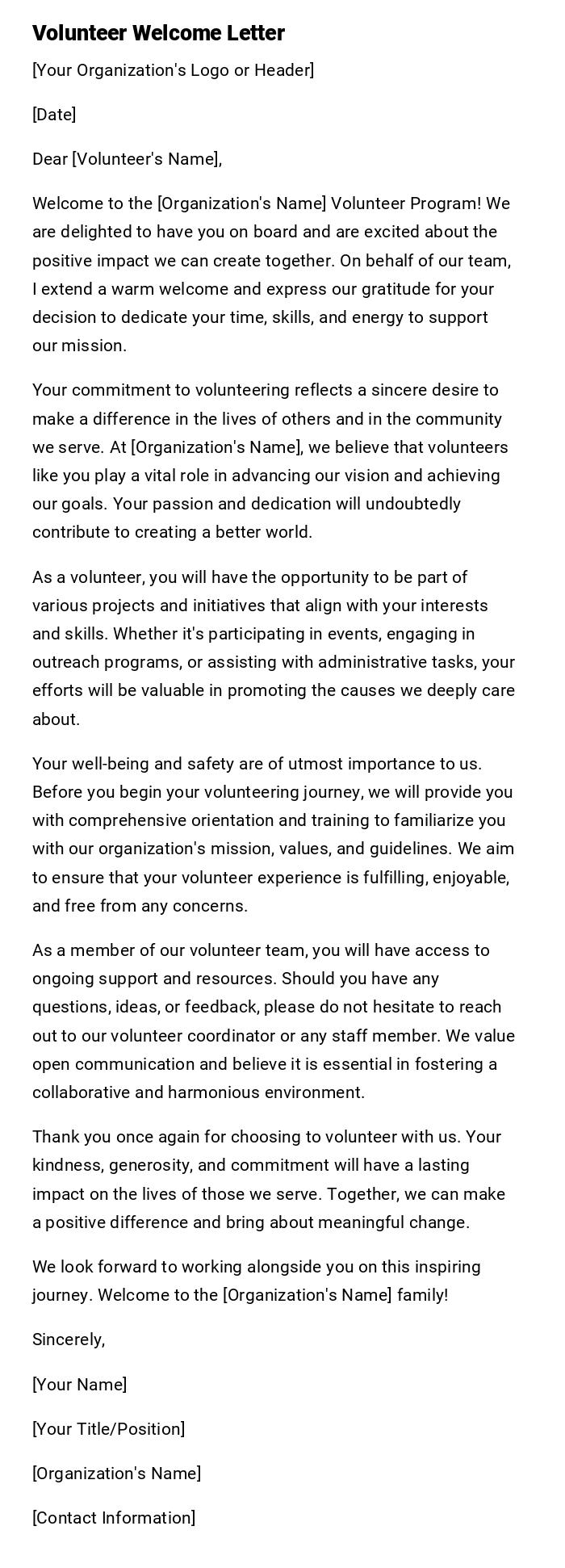 Volunteer Welcome Letter