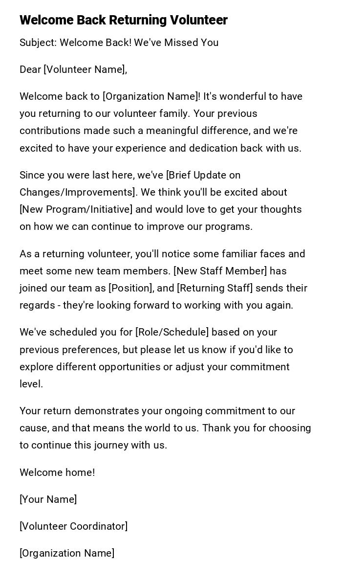 Welcome Back Returning Volunteer