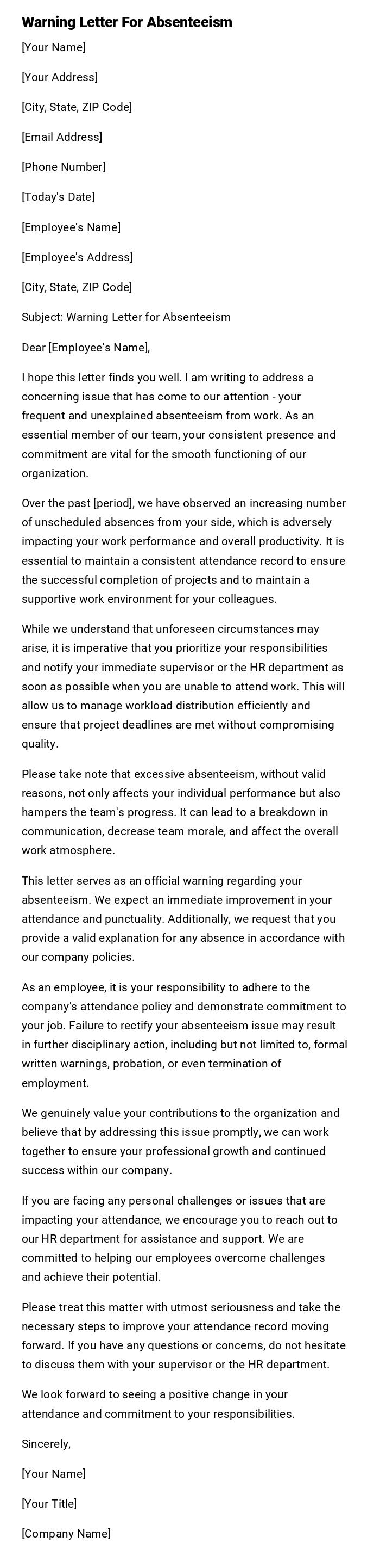 Warning Letter For Absenteeism