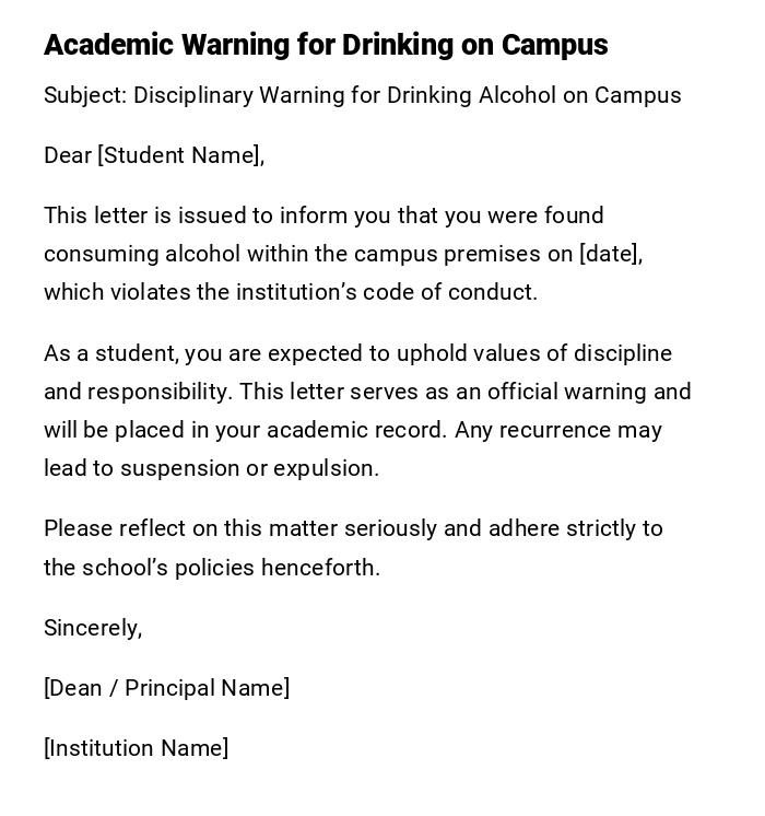 Academic Warning for Drinking on Campus Academic Warning for Drinking on Campus
