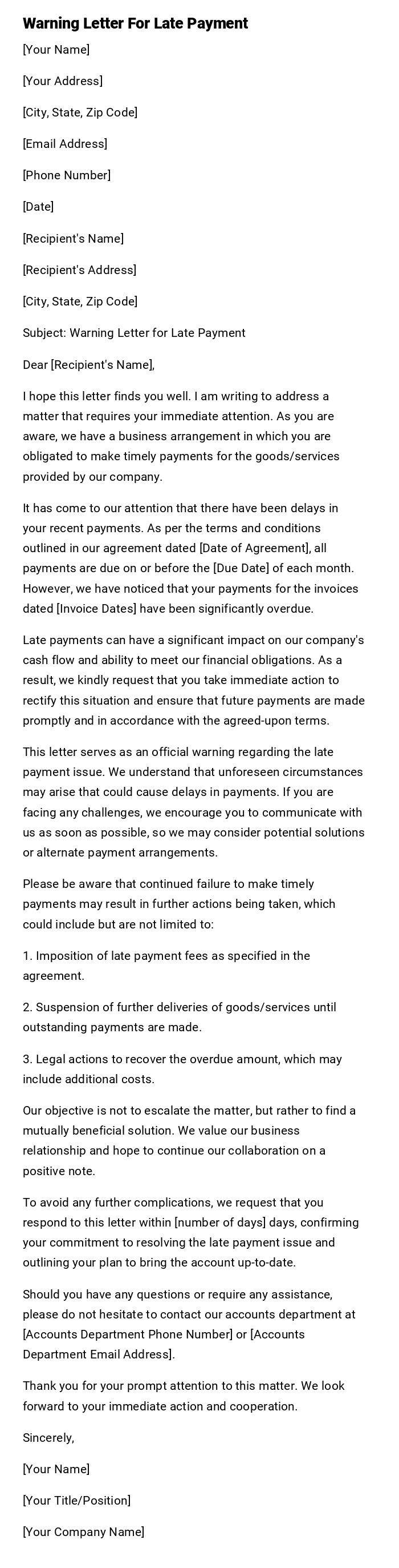 Warning Letter For Late Payment