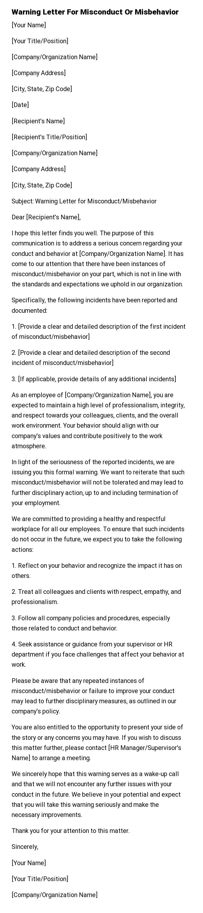 Warning Letter For Misconduct Or Misbehavior