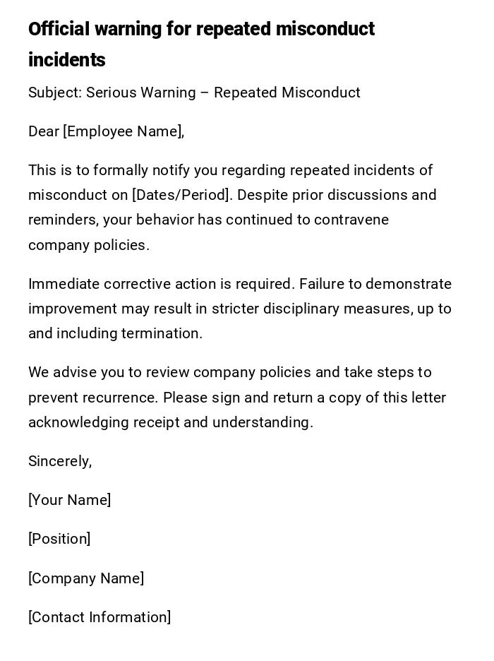 Official warning for repeated misconduct incidents