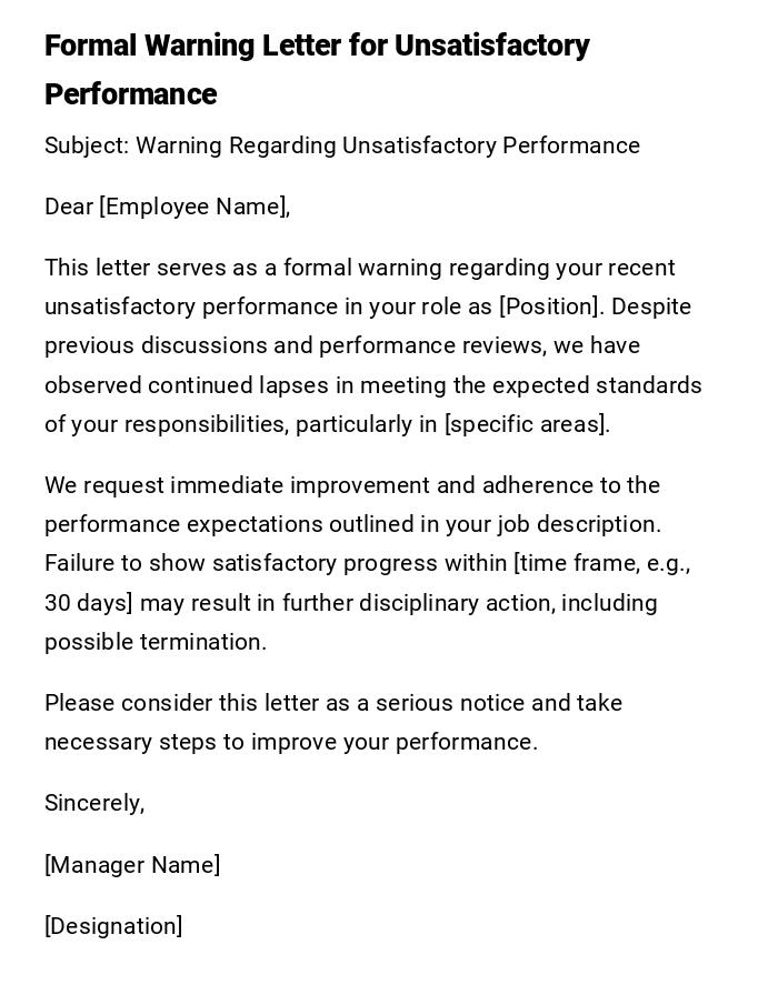 Formal Warning Letter for Unsatisfactory Performance Formal Warning Letter for Unsatisfactory Performance