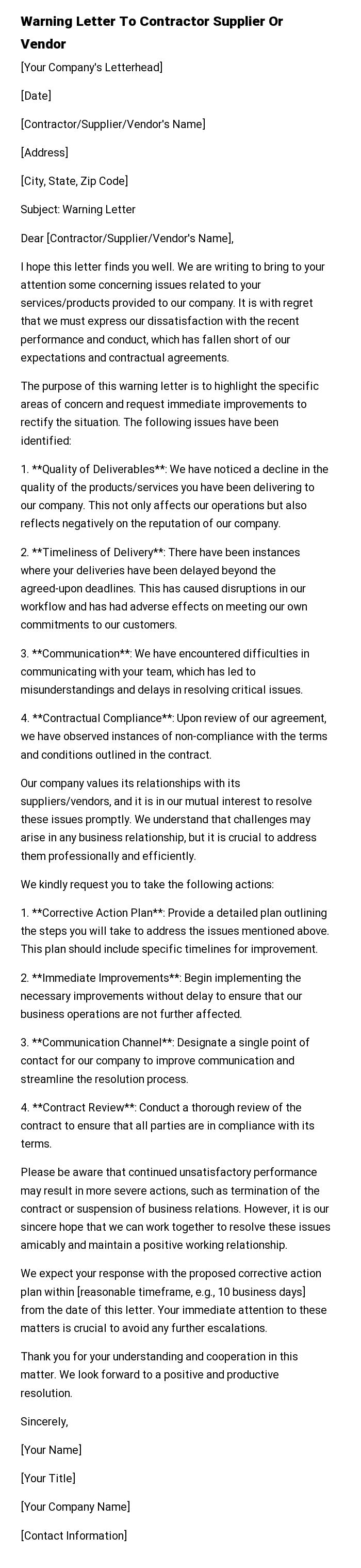 Warning Letter To Contractor Supplier Or Vendor