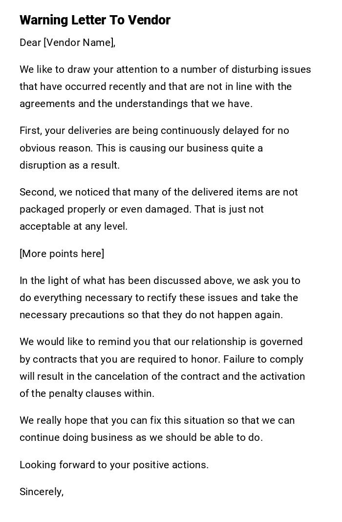 Warning Letter To Vendor