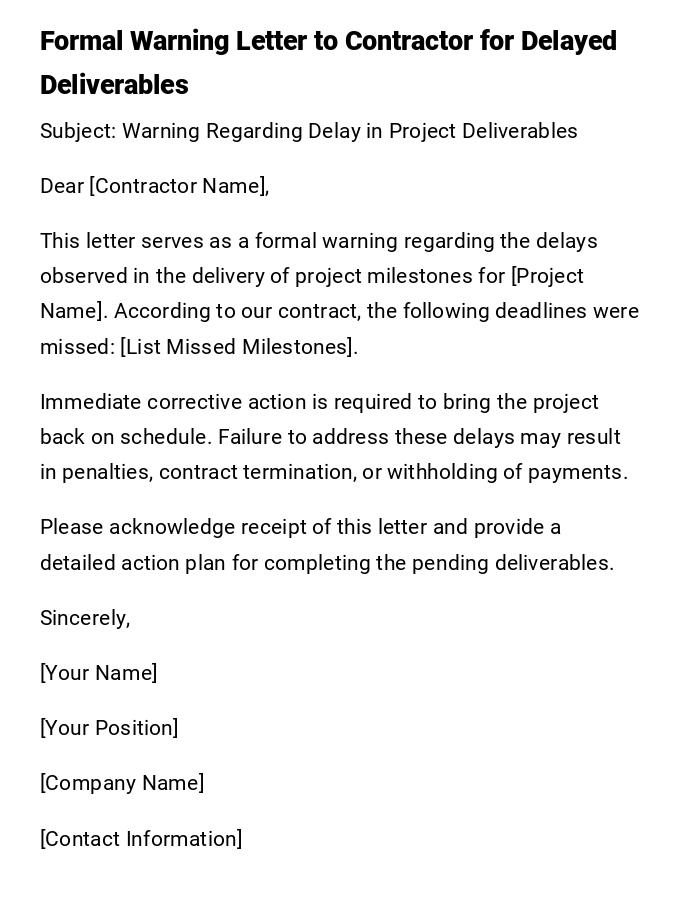 Formal Warning Letter to Contractor for Delayed Deliverables
