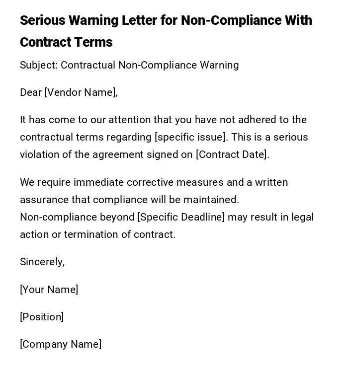 Serious Warning Letter for Non-Compliance With Contract Terms