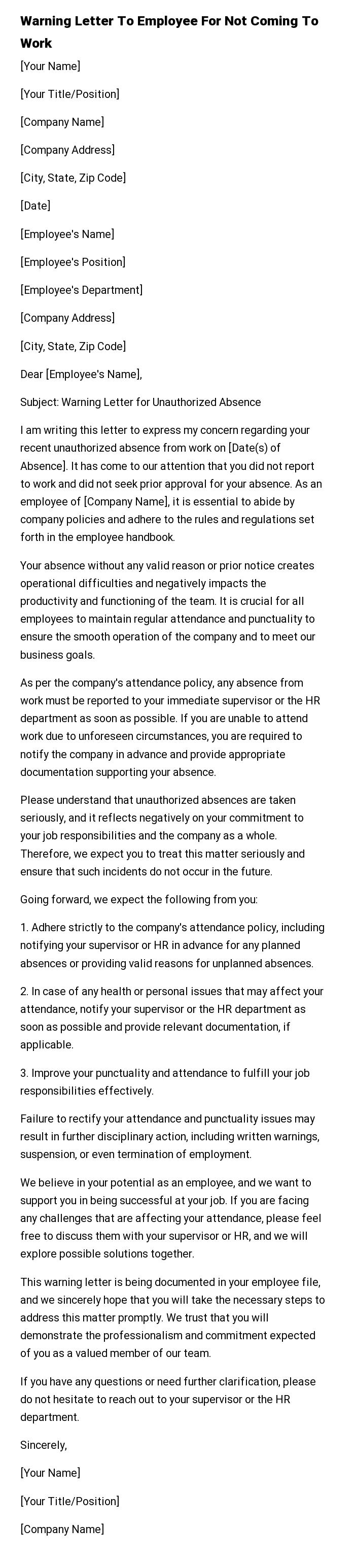 Warning Letter To Employee For Not Coming To Work