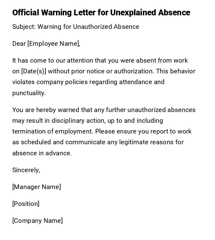 Official Warning Letter for Unexplained Absence Official Warning Letter for Unexplained Absence