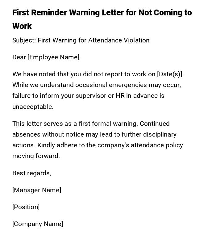 First Reminder Warning Letter for Not Coming to Work First Reminder Warning Letter for Not Coming to Work