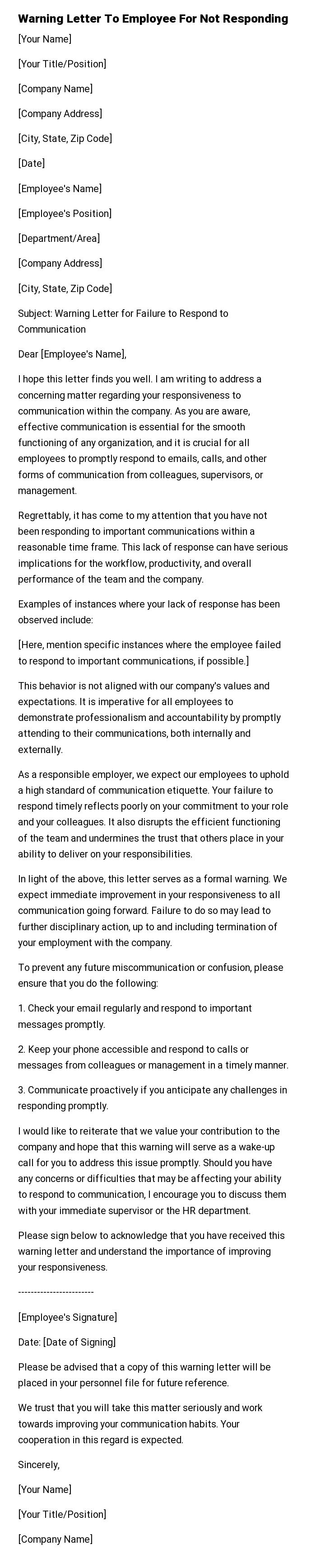 Warning Letter To Employee For Not Responding