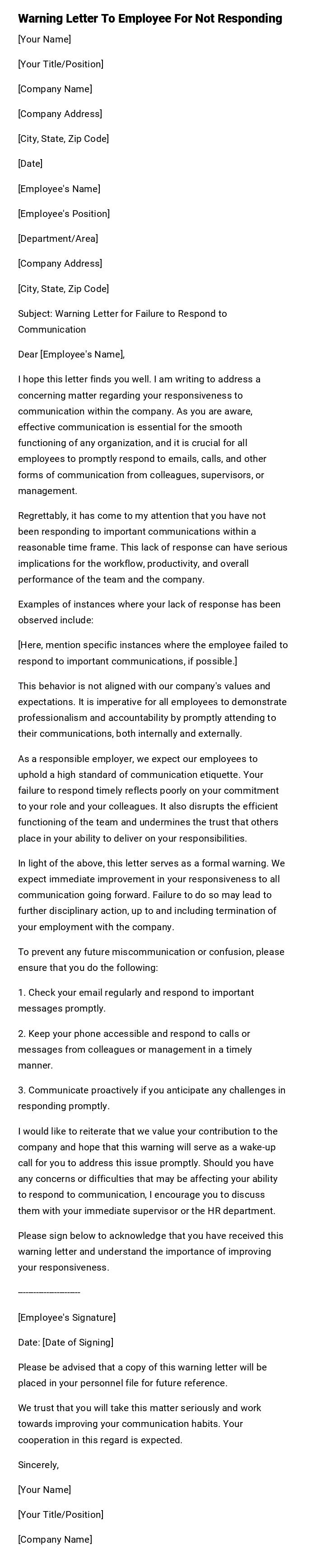 Warning Letter To Employee For Not Responding