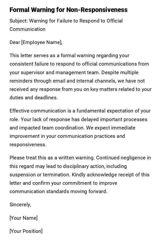 Formal Warning for Non-Responsiveness Formal Warning for Non-Responsiveness