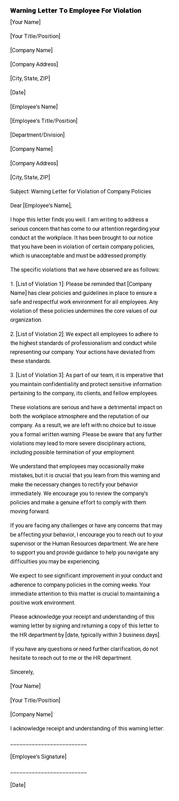 Warning Letter To Employee For Violation