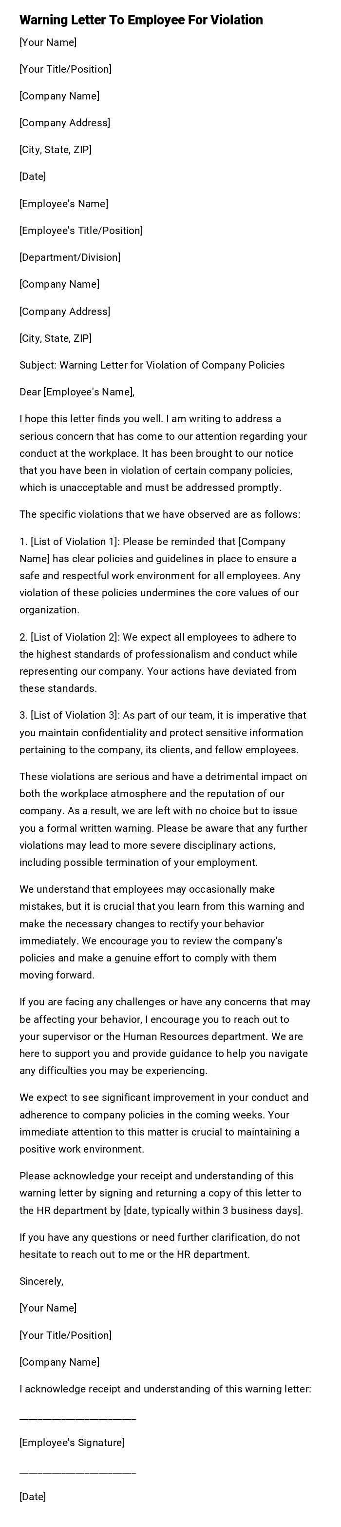 Warning Letter To Employee For Violation