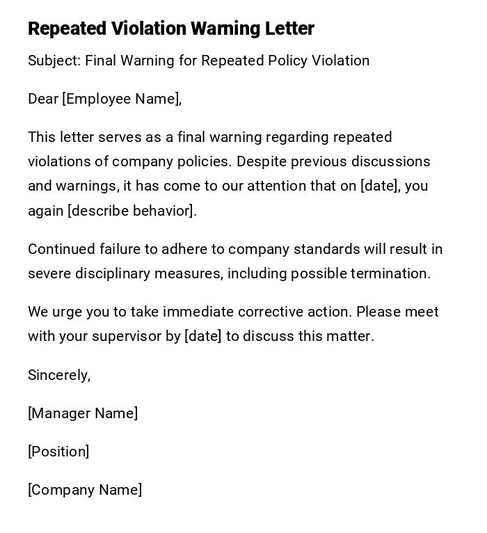 Repeated Violation Warning Letter