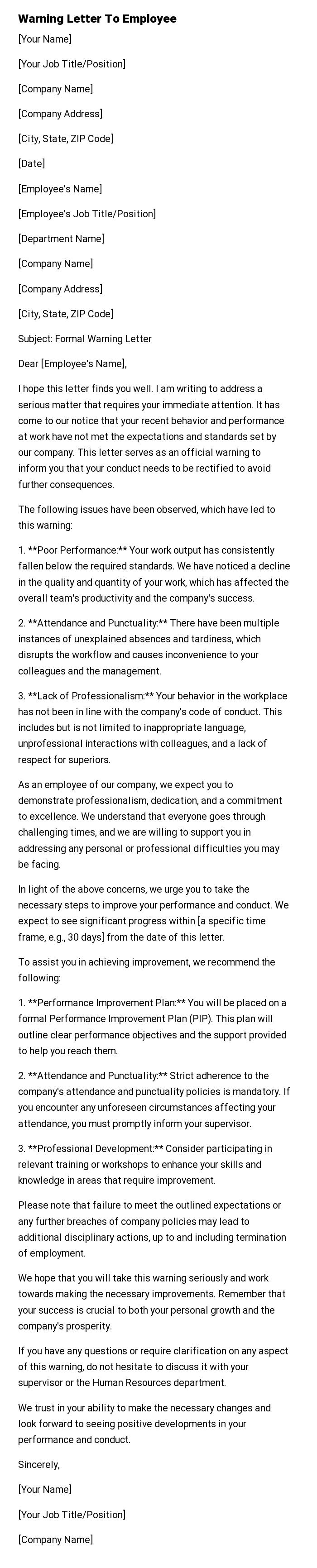 Warning Letter To Employee