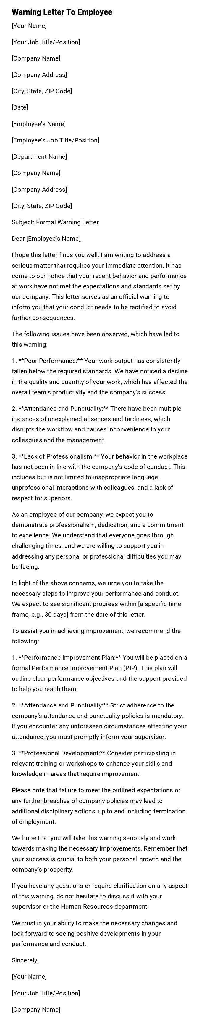 Warning Letter To Employee