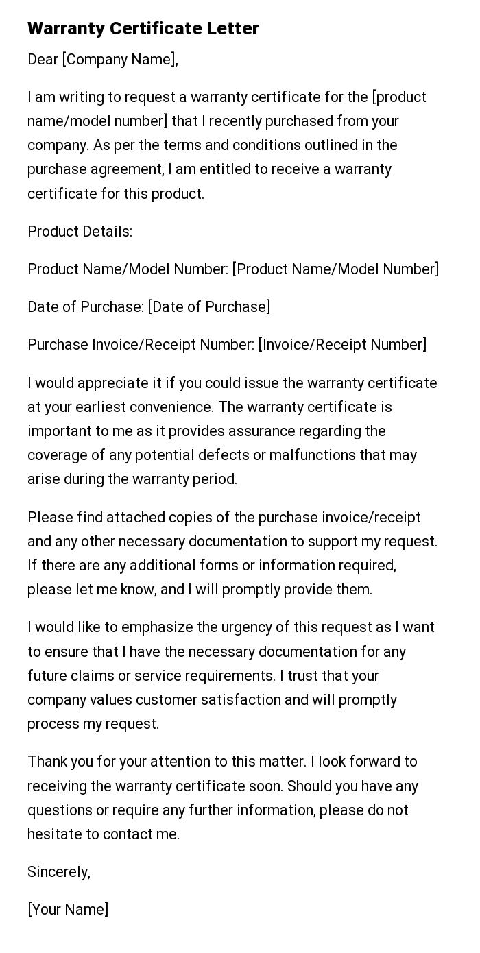 Warranty Certificate Letter