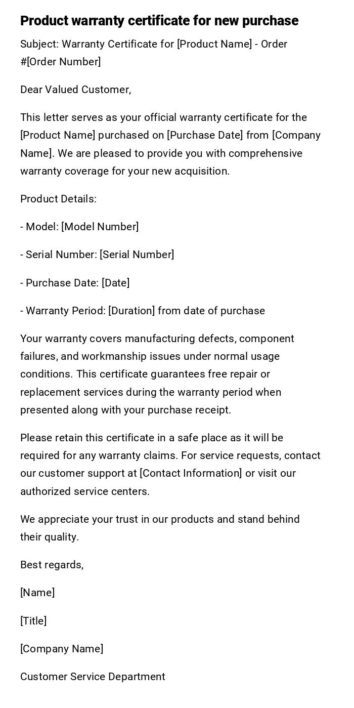 Product warranty certificate for new purchase Product warranty certificate for new purchase