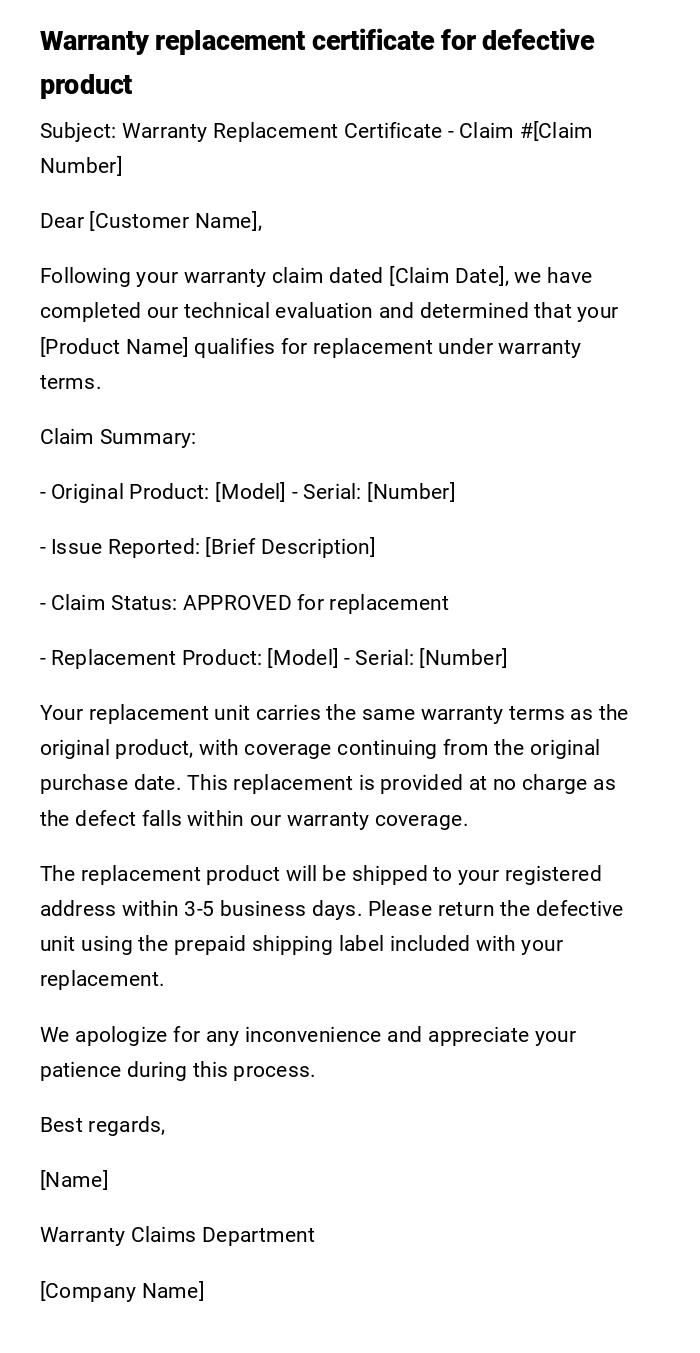 Warranty replacement certificate for defective product Warranty replacement certificate for defective product