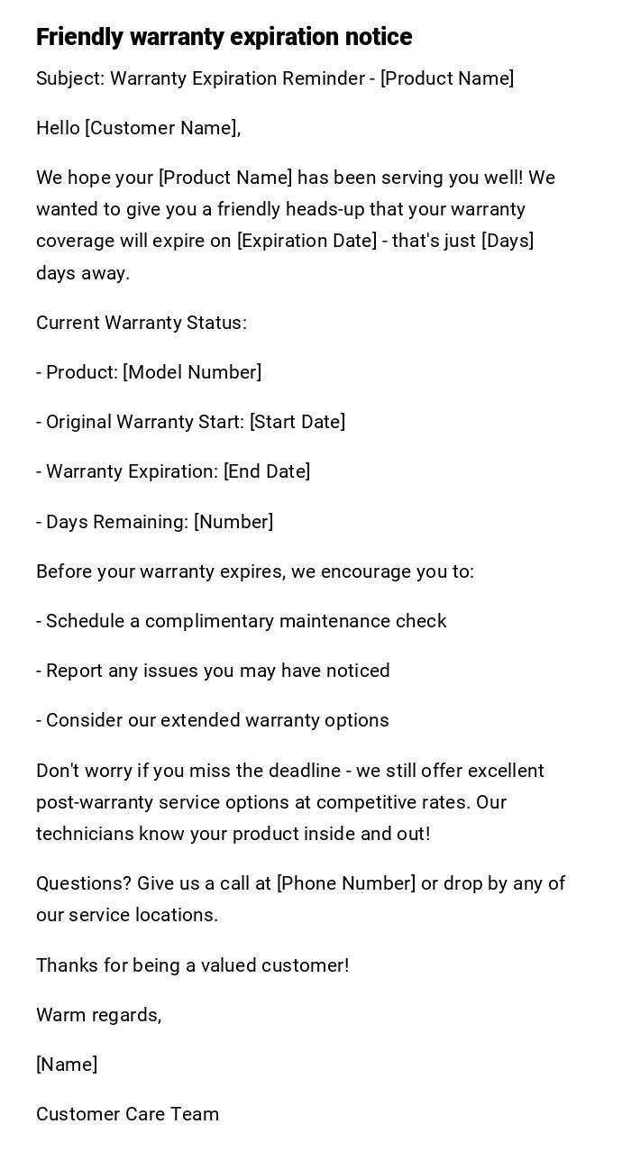 Friendly warranty expiration notice Friendly warranty expiration notice