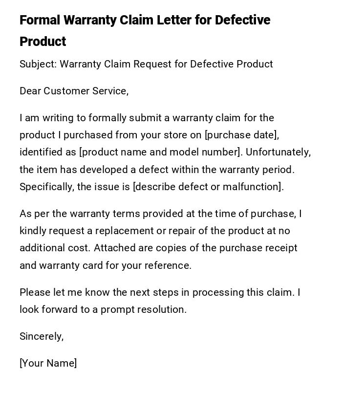 Formal Warranty Claim Letter for Defective Product Formal Warranty Claim Letter for Defective Product