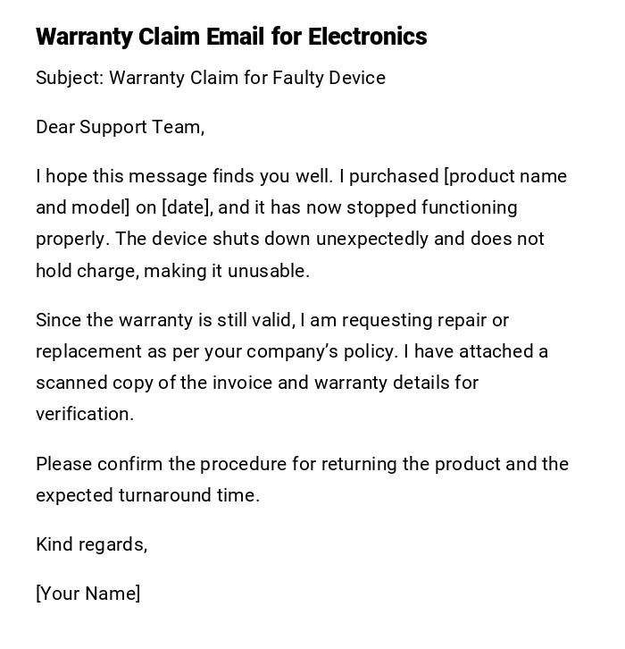 Warranty Claim Email for Electronics Warranty Claim Email for Electronics