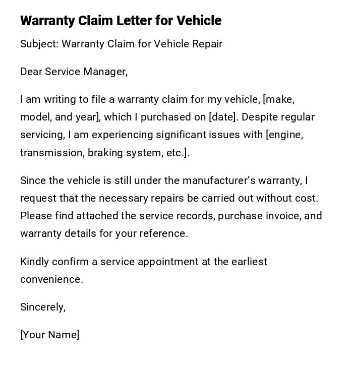 Warranty Claim Letter for Vehicle Warranty Claim Letter for Vehicle