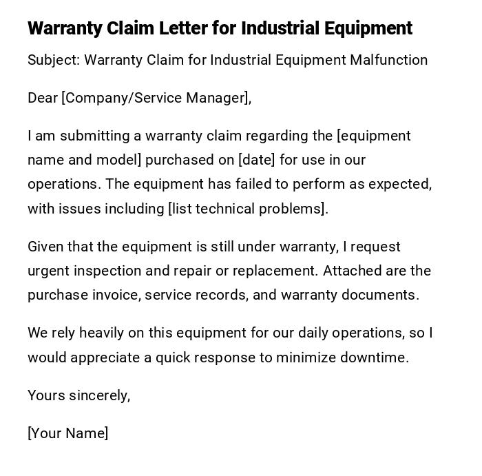 Warranty Claim Letter for Industrial Equipment Warranty Claim Letter for Industrial Equipment