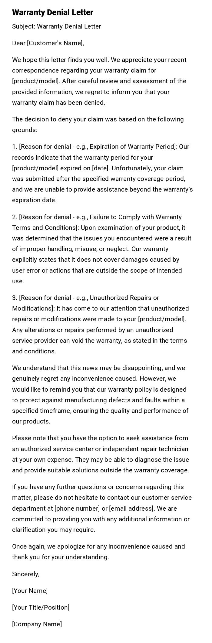 Warranty Denial Letter Warranty Denial Letter