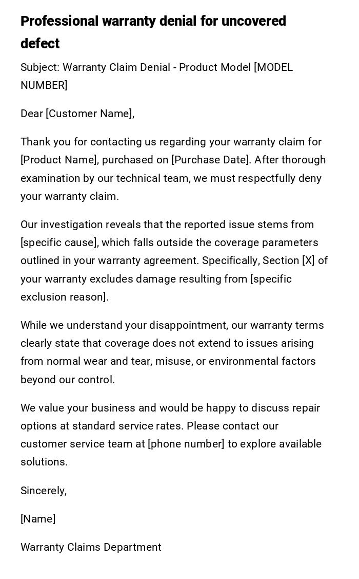 Professional warranty denial for uncovered defect Professional warranty denial for uncovered defect