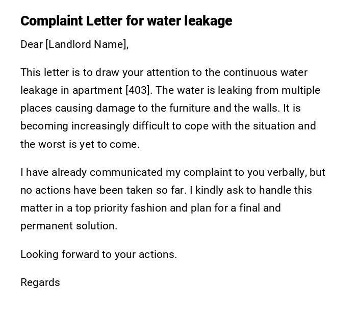 Complaint Letter for water leakage Complaint Letter for water leakage