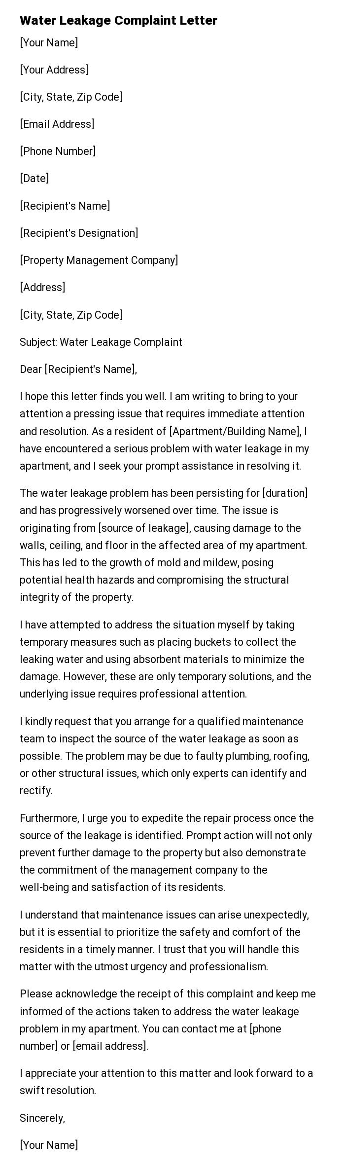 Water Leakage Complaint Letter