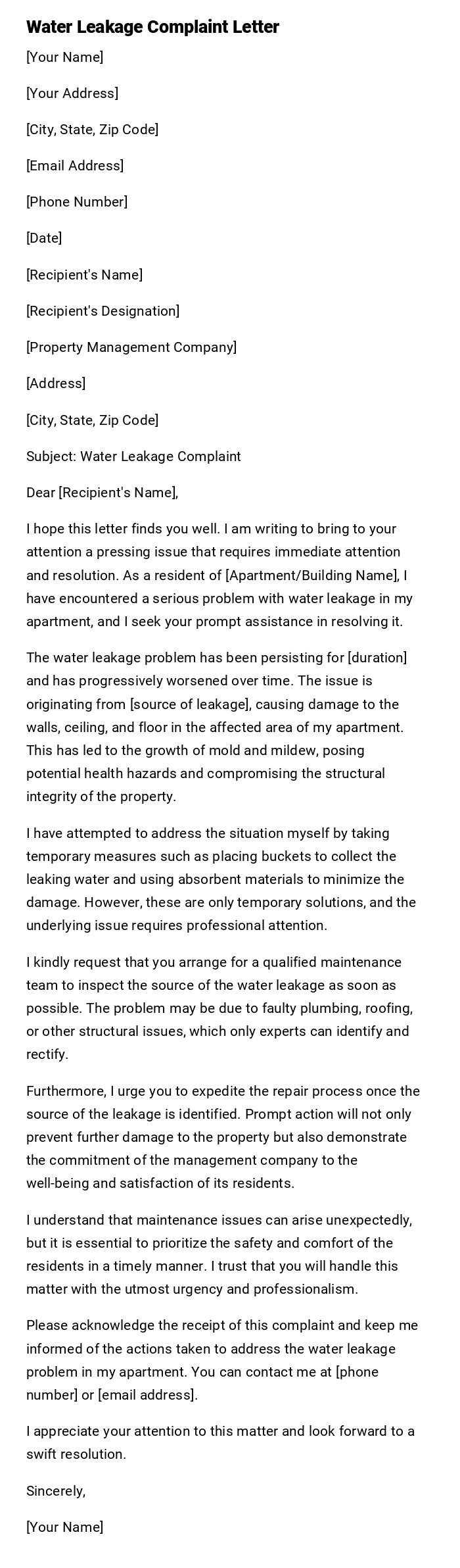 Water Leakage Complaint Letter