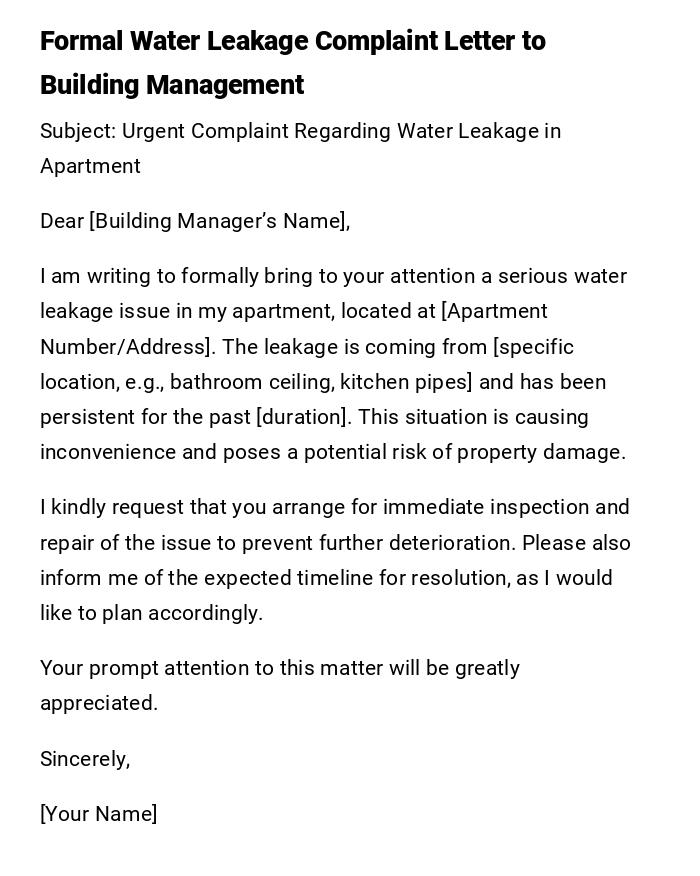 Formal Water Leakage Complaint Letter to Building Management Formal Water Leakage Complaint Letter to Building Management
