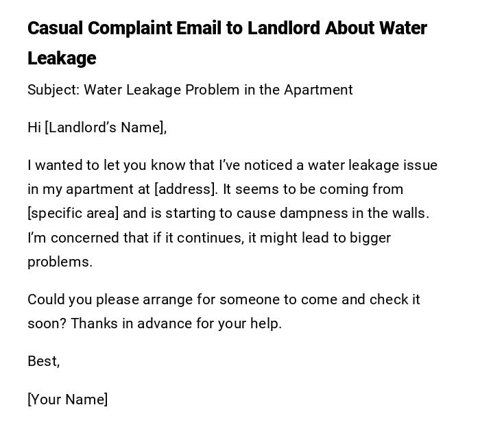 Casual Complaint Email to Landlord About Water Leakage Casual Complaint Email to Landlord About Water Leakage