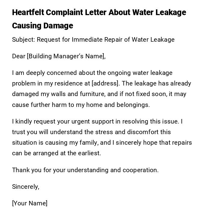Heartfelt Complaint Letter About Water Leakage Causing Damage Heartfelt Complaint Letter About Water Leakage Causing Damage