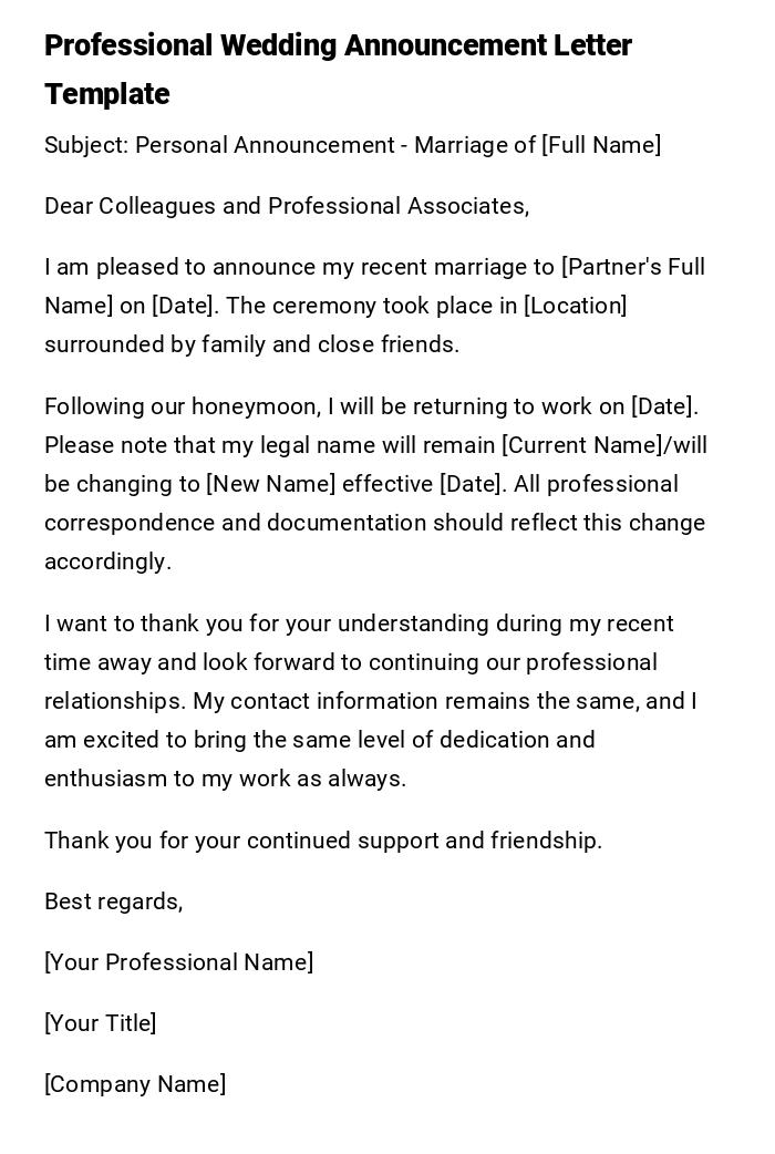 Professional Wedding Announcement Letter Template