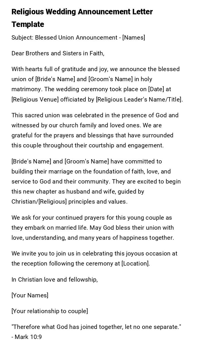Religious Wedding Announcement Letter Template